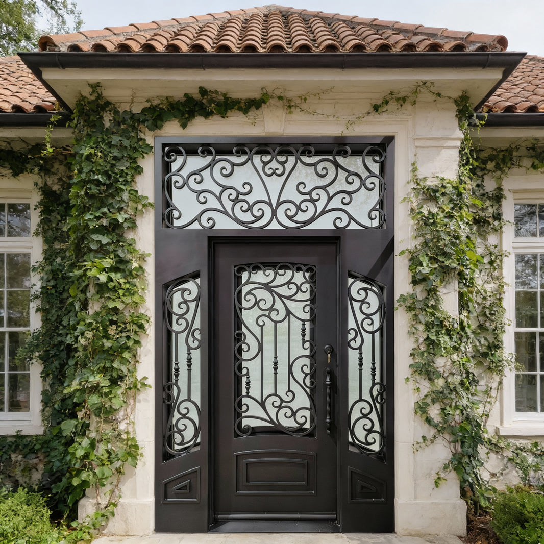 Arched Scrollwork Steel Door Set Double Entry with Transom Panel Model # IWD1070