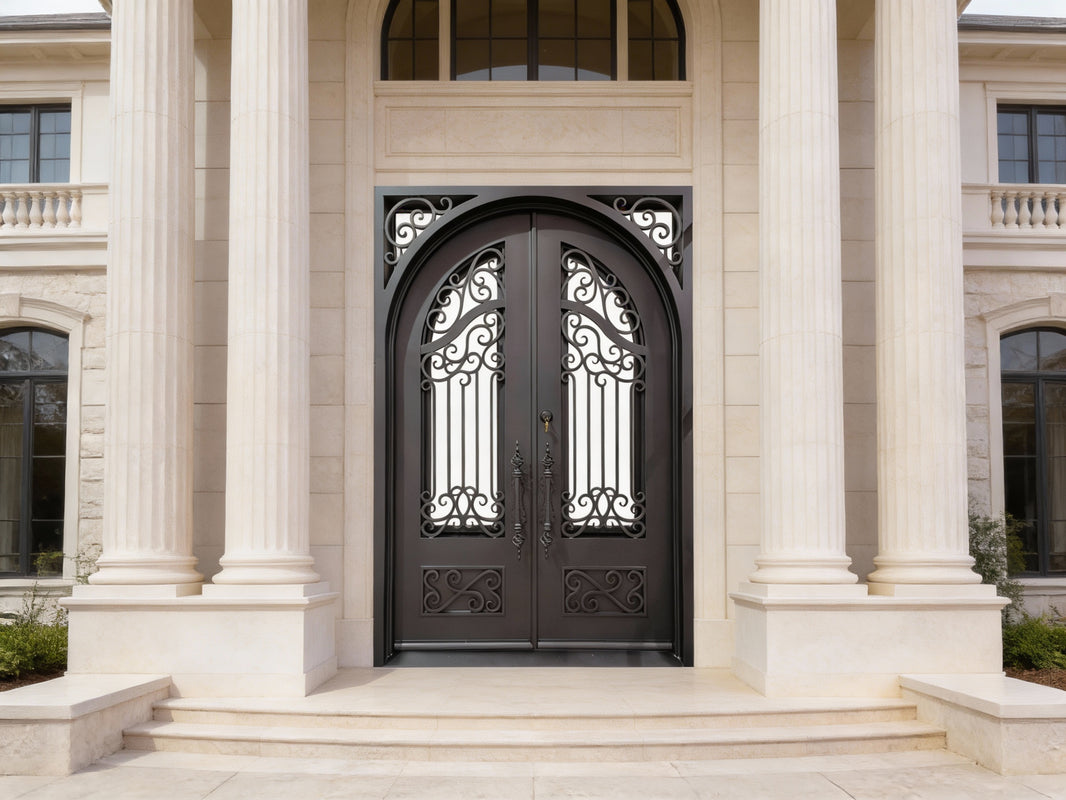 Arched Wrought Iron Double Door Ornamental Scrollwork in Matte Black With kickplate Model # IWD1071