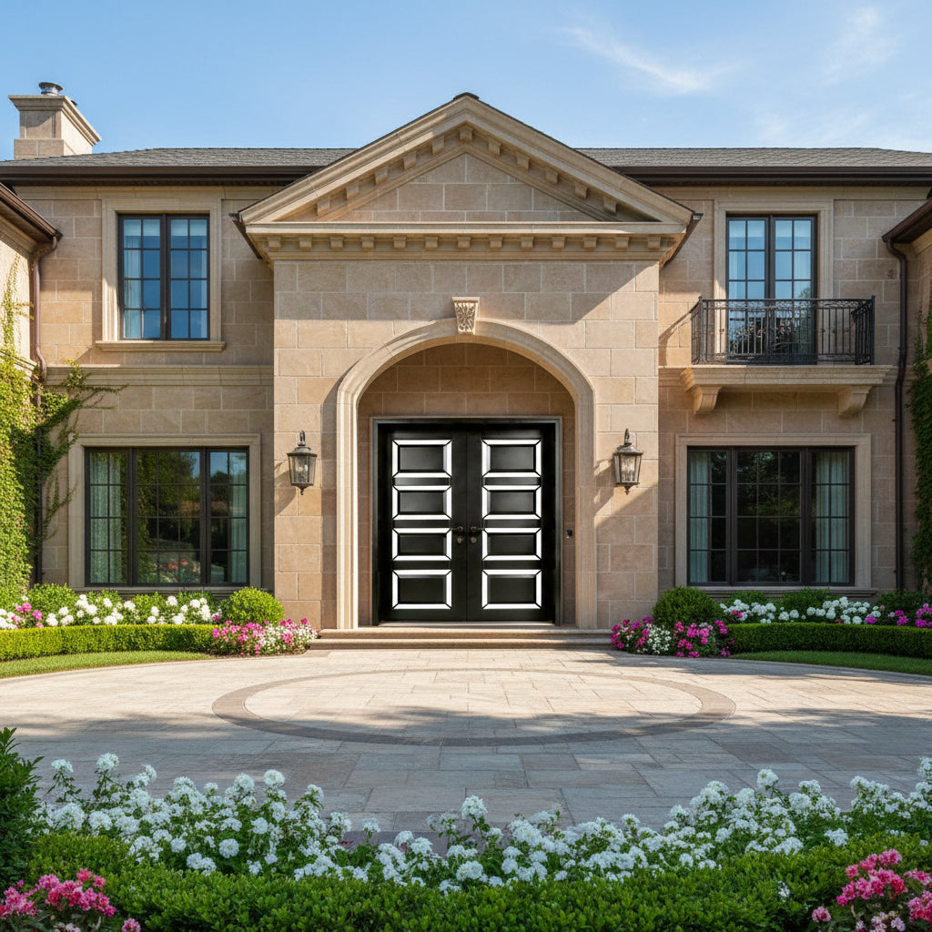 Double Steel Entry Door Geometric Panel Design with Metallic Trim Model # IWD1080