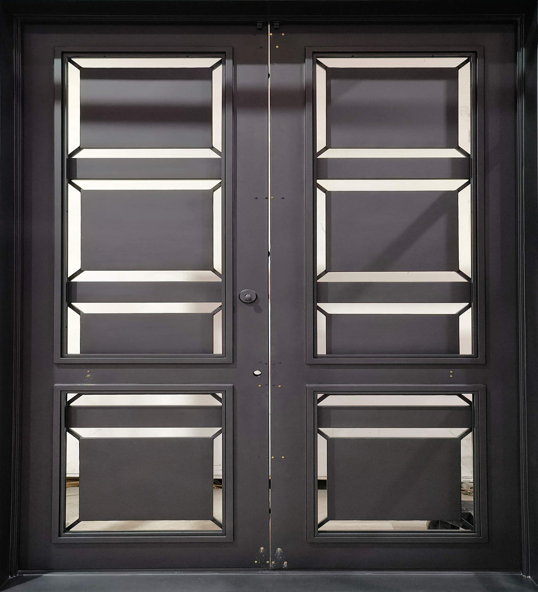 Double Steel Entry Door Geometric Panel Design with Metallic Trim Model # IWD 1080