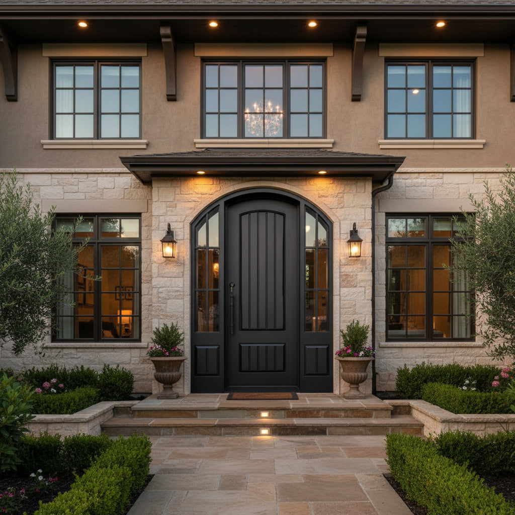 Arched-Top Steel Door with Vertical Panel Design and Grid Glass Sidelights Model # IWD1082