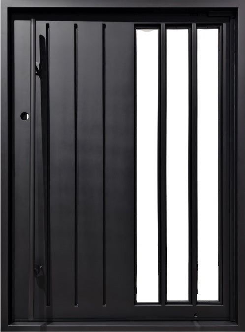 Vertical Glass Insert Steel Pivot Iron Door – Sleek Vertical Slat Design Model # IWD 1083