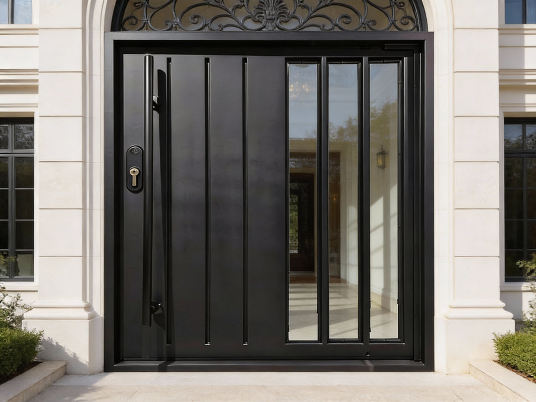 Vertical Glass Insert Steel Pivot Iron Door – Sleek Vertical Slat Design Model # IWD1083