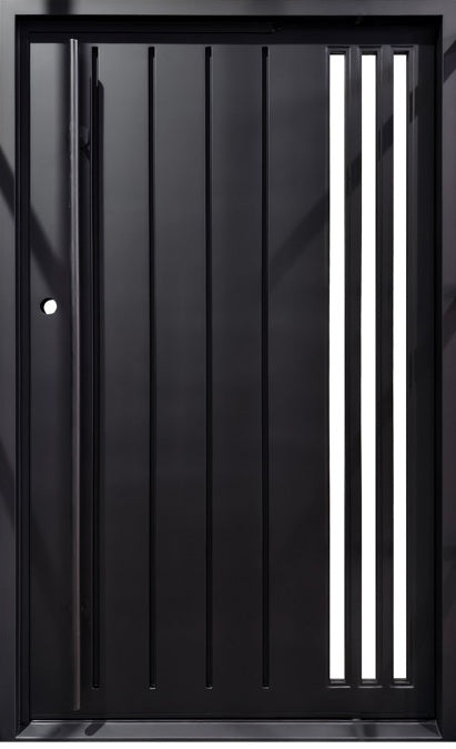 Linear Stripe Steel Pivot Iron Door – Sleek Vertical Slat Design Model # IWD 1084