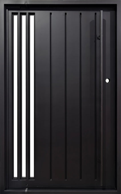 Linear Stripe Steel Pivot Iron Door – Sleek Vertical Slat Design Model # IWD 1084
