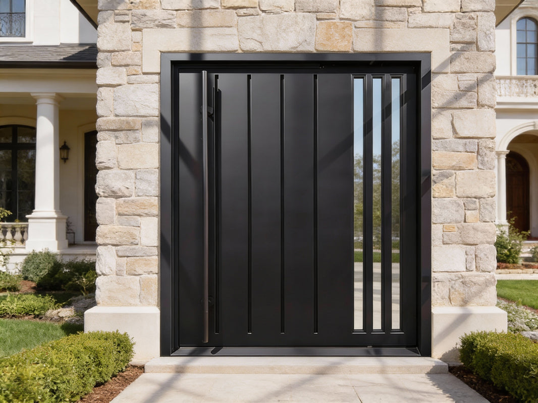 Linear Stripe Steel Pivot Iron Door – Sleek Vertical Slat Design Model # IWD1084