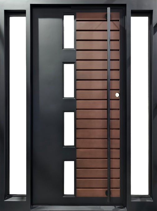 Hybrid Steel Entry Door Horizontal Woodgrain Slats & Vertical Glass Insets Pivot Design Model # IWD 1085