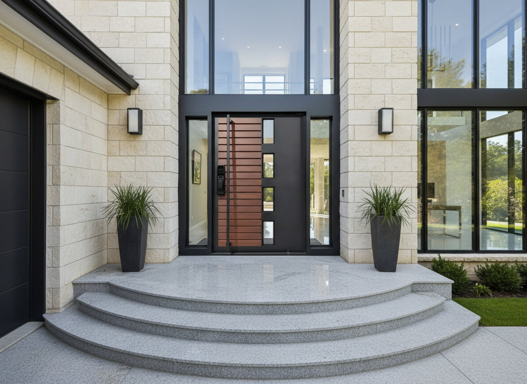 Hybrid Steel Entry Door Horizontal Woodgrain Slats & Vertical Glass Insets Pivot Design Model # IWD1085