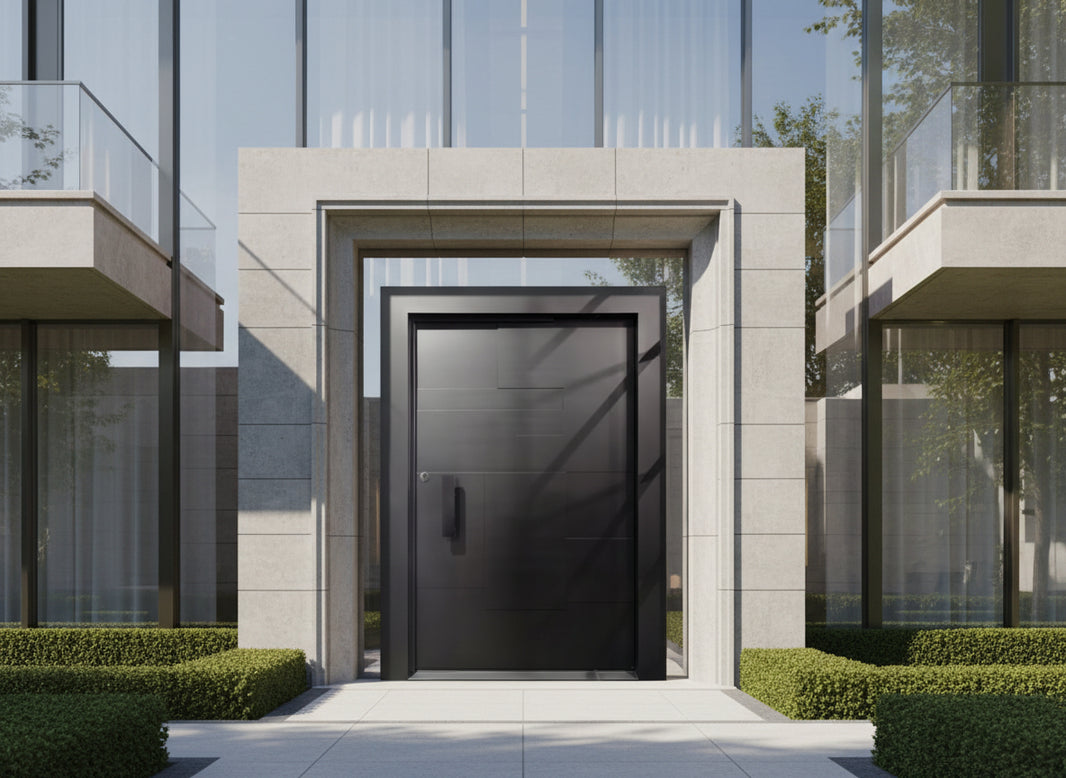 Geometric Steel Entry Pivot design Door  Square Top  Model # IWD1088