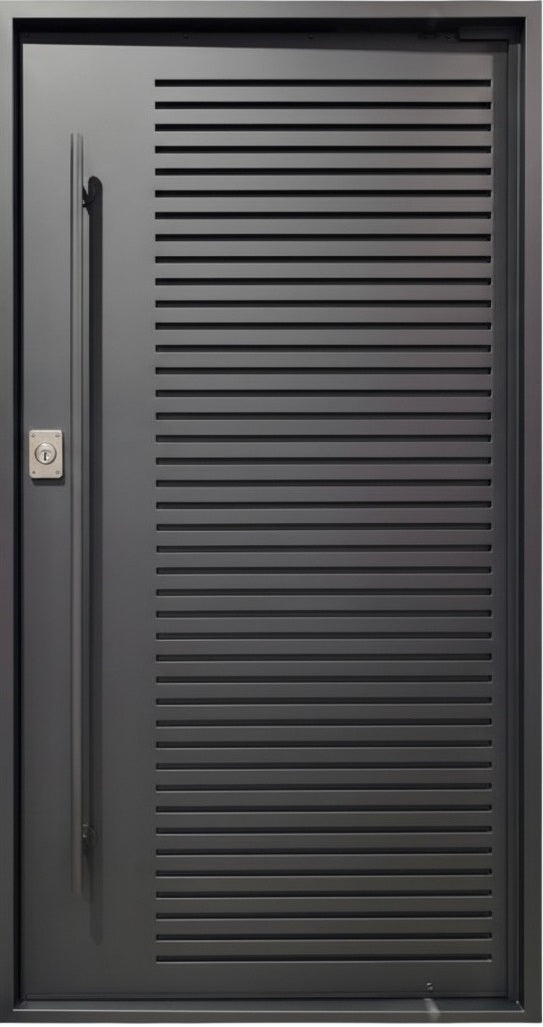 Slatted Solid Steel Door Horizontal Panel Pivot design Door  Square Top  Model # IWD1089