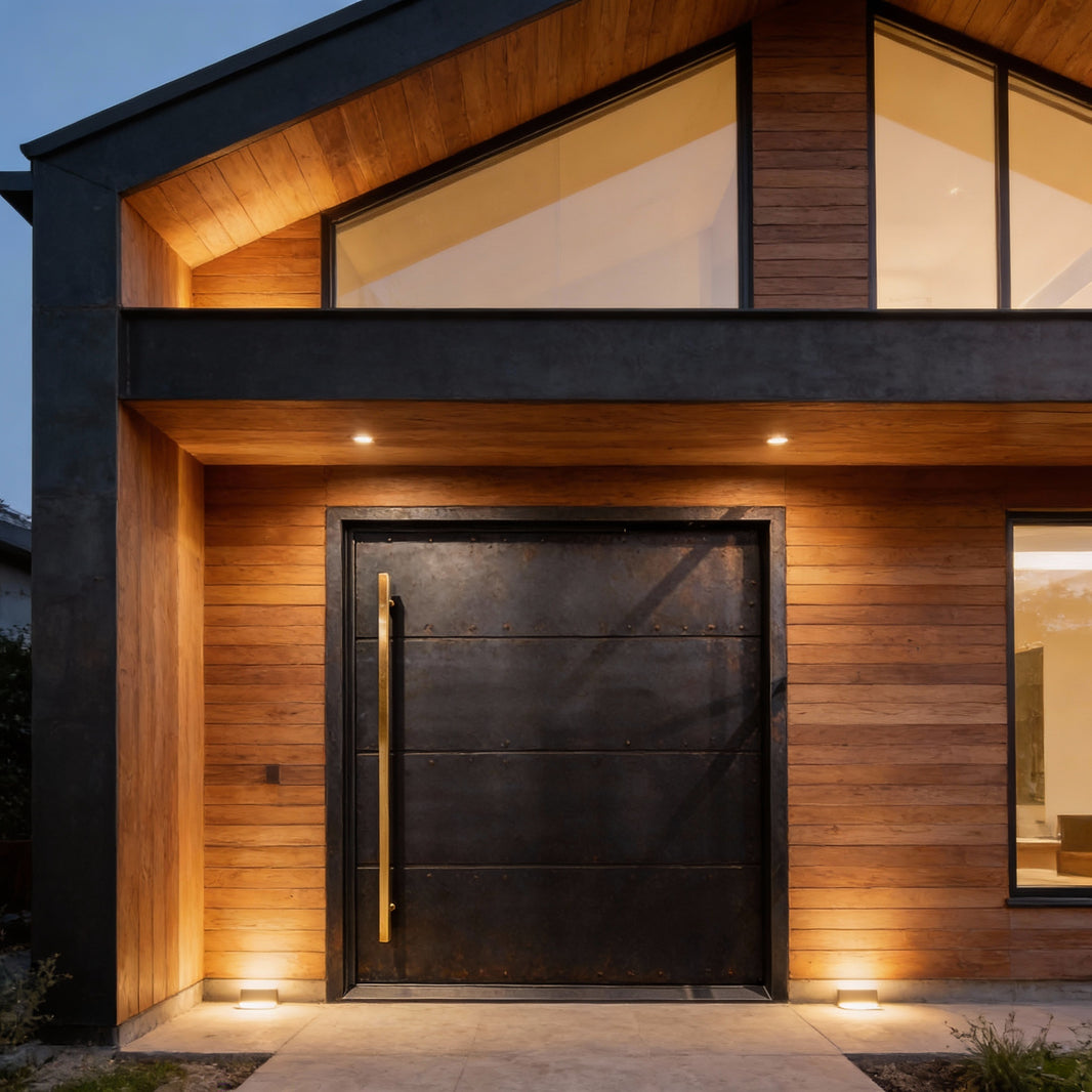 Horizontal Steel Panel Pivot design with Gold Vertical Pull Door Square Top  Model # IWD1091