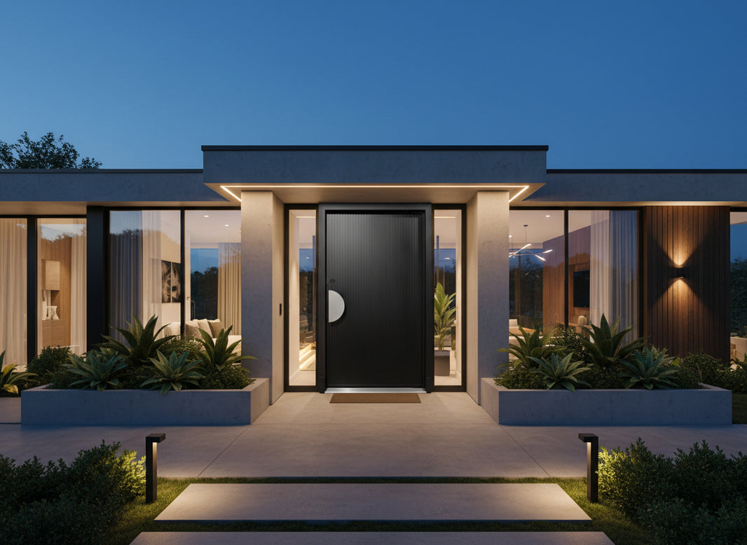 Vertical Groove Pivot design Door with Offset Crescent Handle  Square Top  Model # IWD1095