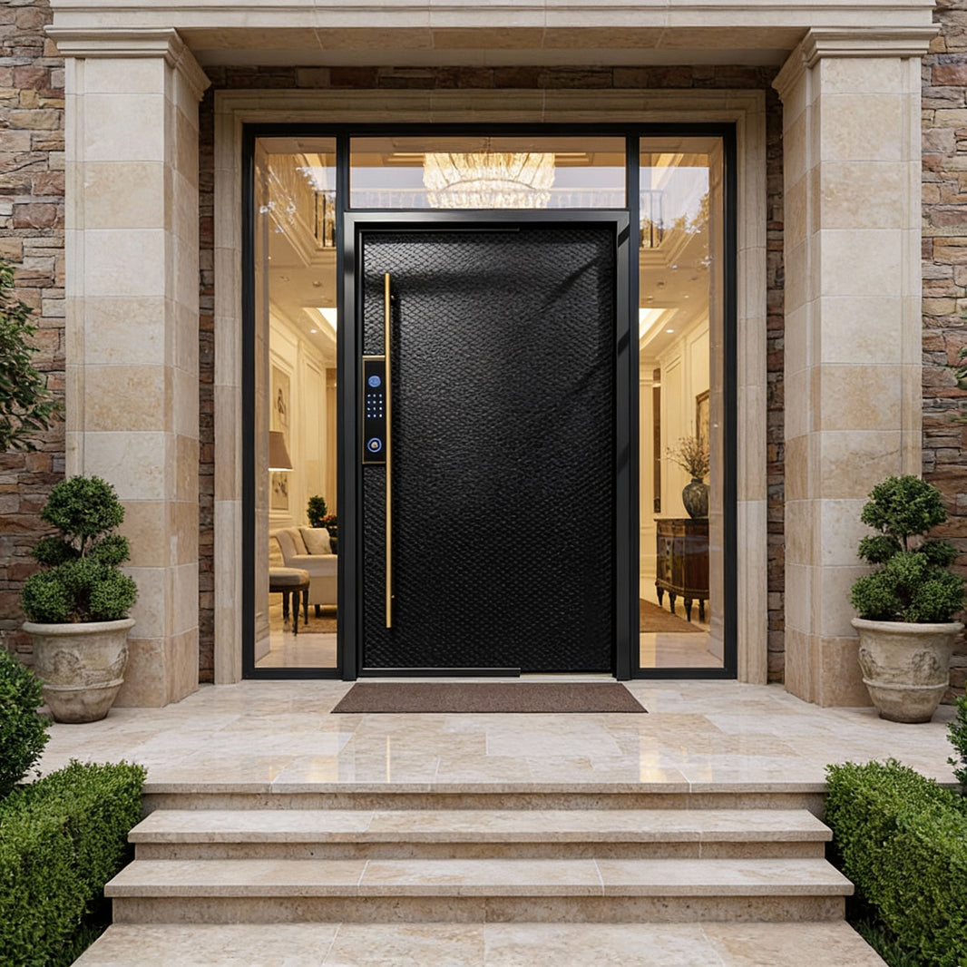 Stamped Steel Pivot Door with Hexagonal Pattern Embossing Square Top  Model # IWD1099