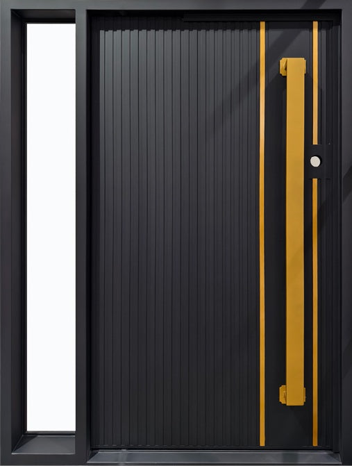 Modern Vertical Panel Iron Door with Brushed Brass Accents Square Top Model # IWD 1100