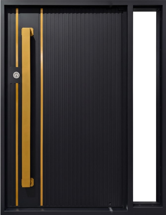 Modern Vertical Panel Iron Door with Brushed Brass Accents Square Top Model # IWD1100