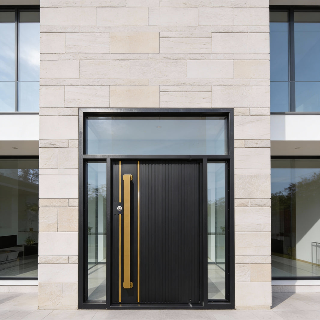 Modern Vertical Panel Iron Door with Brushed Brass Accents Square Top Model # IWD1100