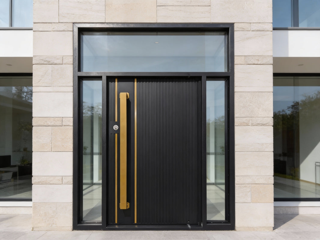 Modern Vertical Panel Iron Door with Brushed Brass Accents Square Top Model # IWD1100