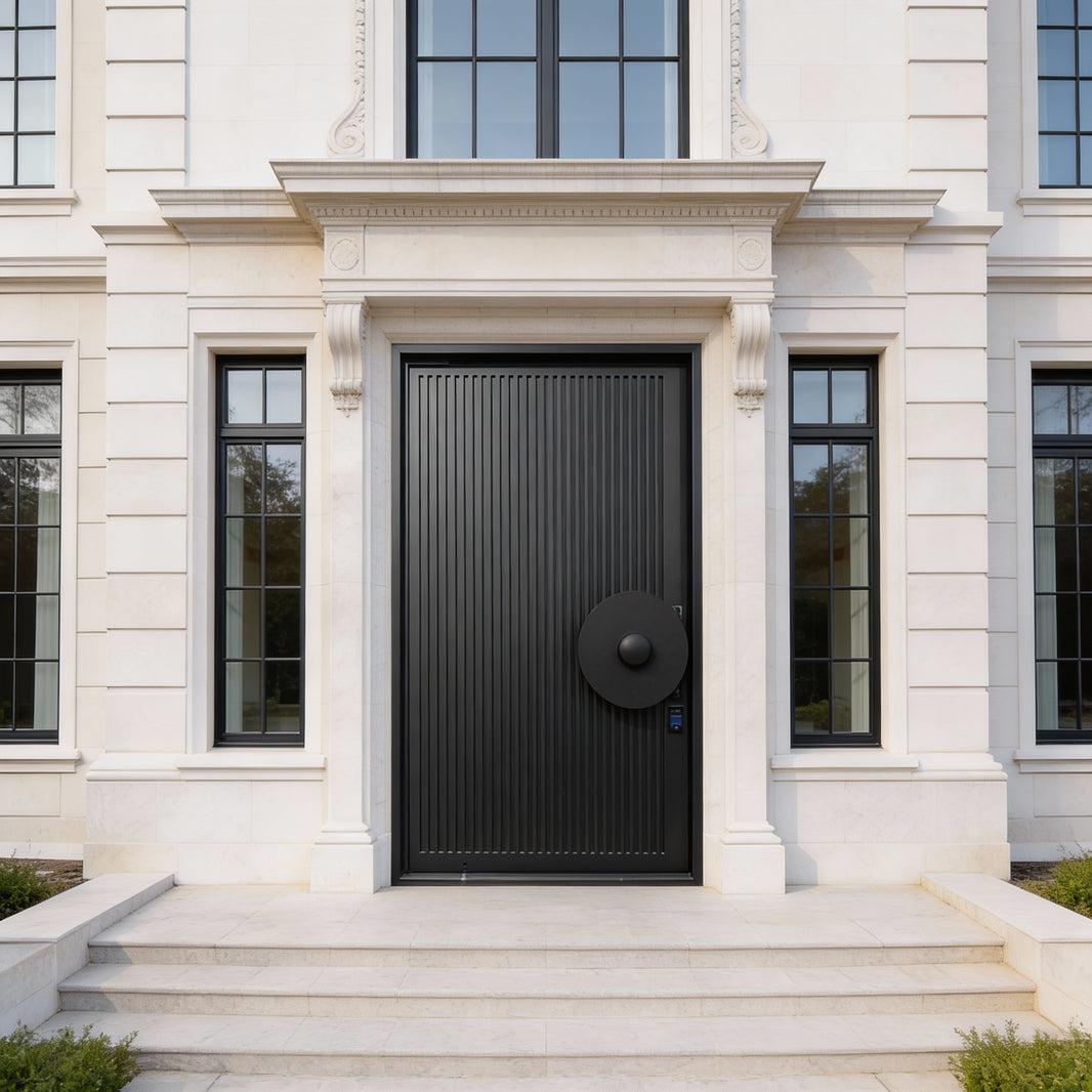 Vertical Groove Pivot design Door with Offset Crescent Handle  Square Top  Model # IWD1101