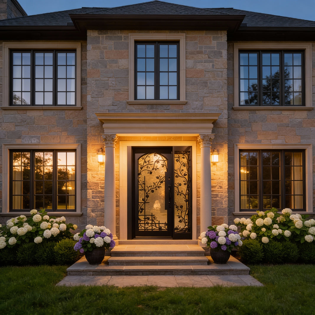 Wrought Iron Double Door with Cast Iron Botanical Embellishments Square Top With kickplate Model # IWD1102