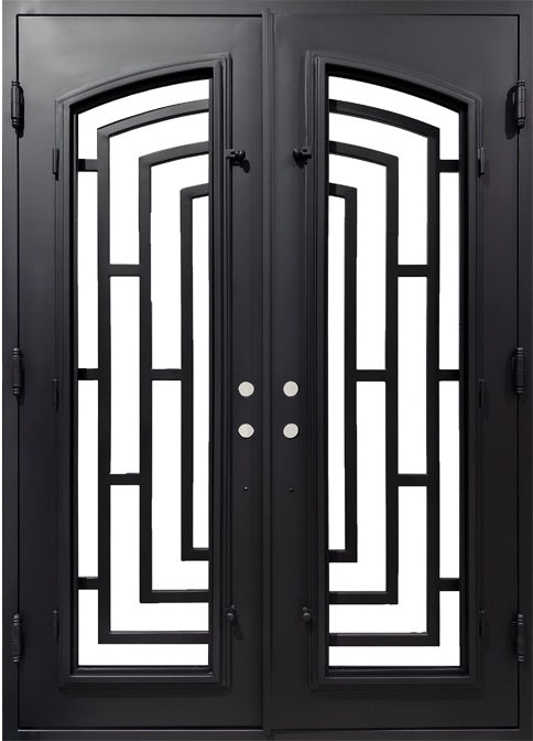 Minimalist Laser-Cut Wrought Iron Double Door with Rectilinear Grid Motif Square Top With kickplate Model # IWD 1103