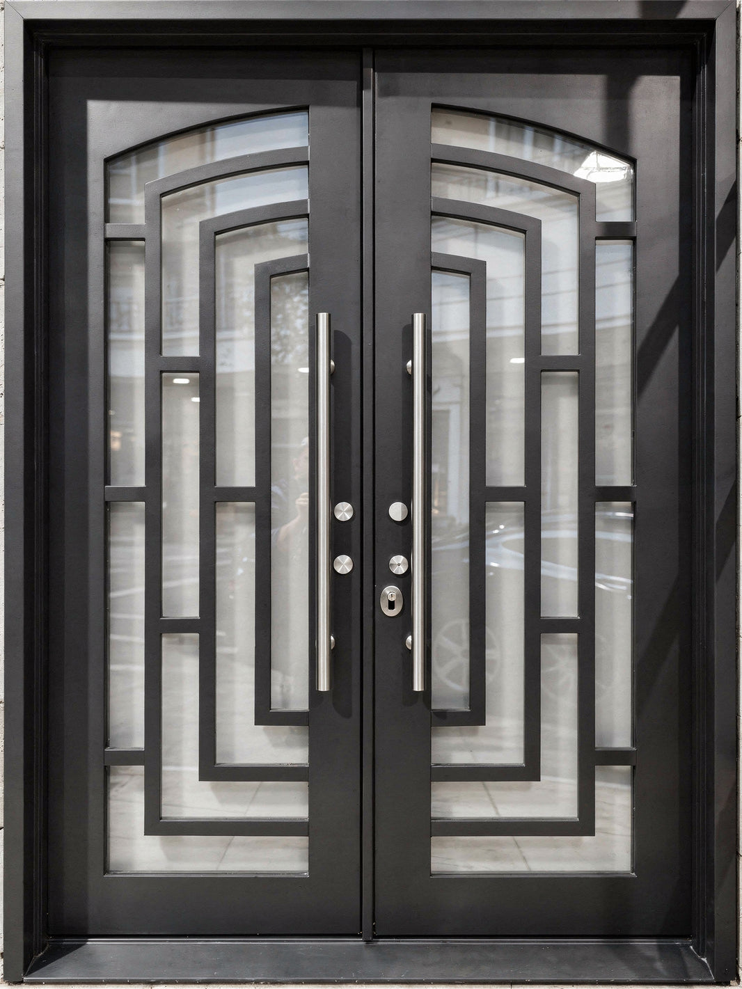 Minimalist Laser-Cut Wrought Iron Double Door with Rectilinear Grid Motif Square Top With kickplate Model # IWD1103