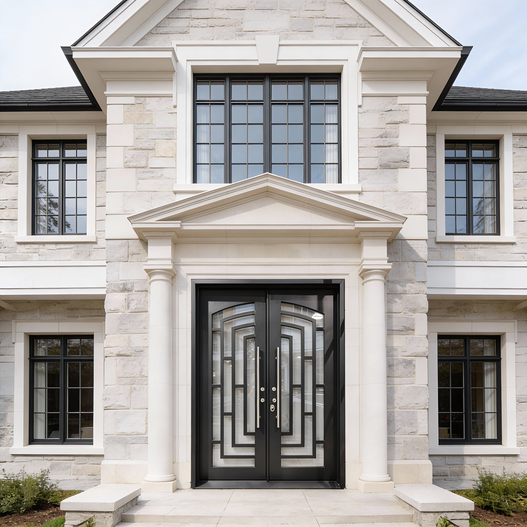 Minimalist Laser-Cut Wrought Iron Double Door with Rectilinear Grid Motif Square Top With kickplate Model # IWD1103