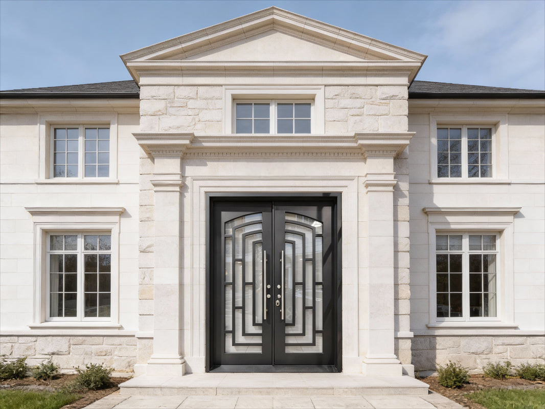 Minimalist Laser-Cut Wrought Iron Double Door with Rectilinear Grid Motif Square Top With kickplate Model # IWD1103