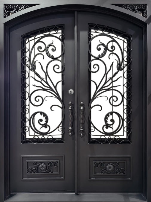 Arched Hand-Forged Wrought Iron Double Door with Floral Scroll Motif With kickplate Model # IWD1104