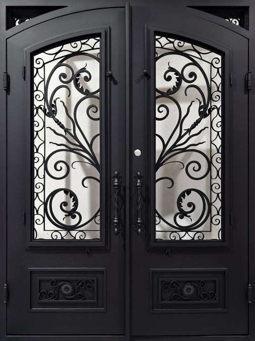 Arched Hand-Forged Wrought Iron Double Door with Floral Scroll Motif With kickplate Model # IWD 1104