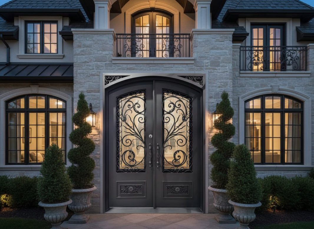 Arched Hand-Forged Wrought Iron Double Door with Floral Scroll Motif With kickplate Model # IWD1104