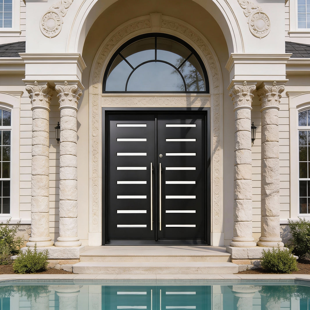 Contemporary Laser-Cut Wrought Iron Double Door with Asymmetric Panel Layout Square Top With kickplate Model # IWD1105