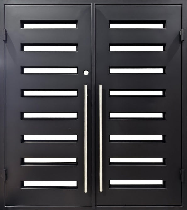 Contemporary Laser-Cut Wrought Iron Double Door with Asymmetric Panel Layout Square Top With kickplate Model # IWD 1105