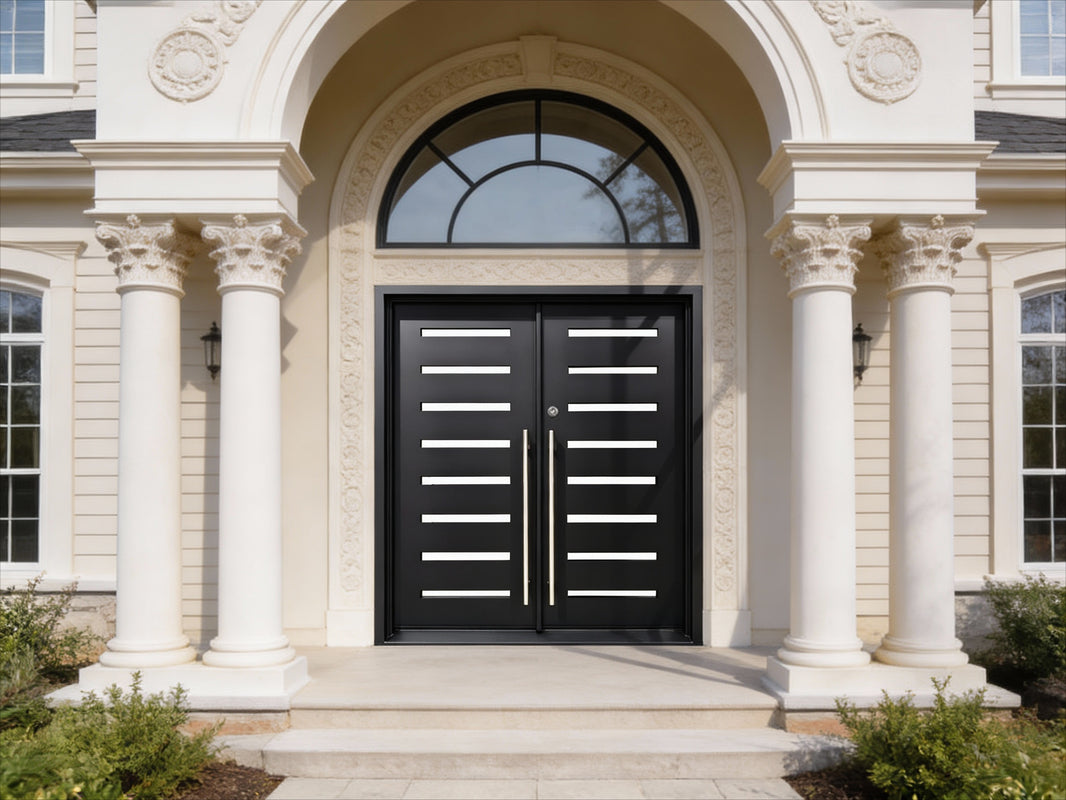 Contemporary Laser-Cut Wrought Iron Double Door with Asymmetric Panel Layout Square Top With kickplate Model # IWD1105