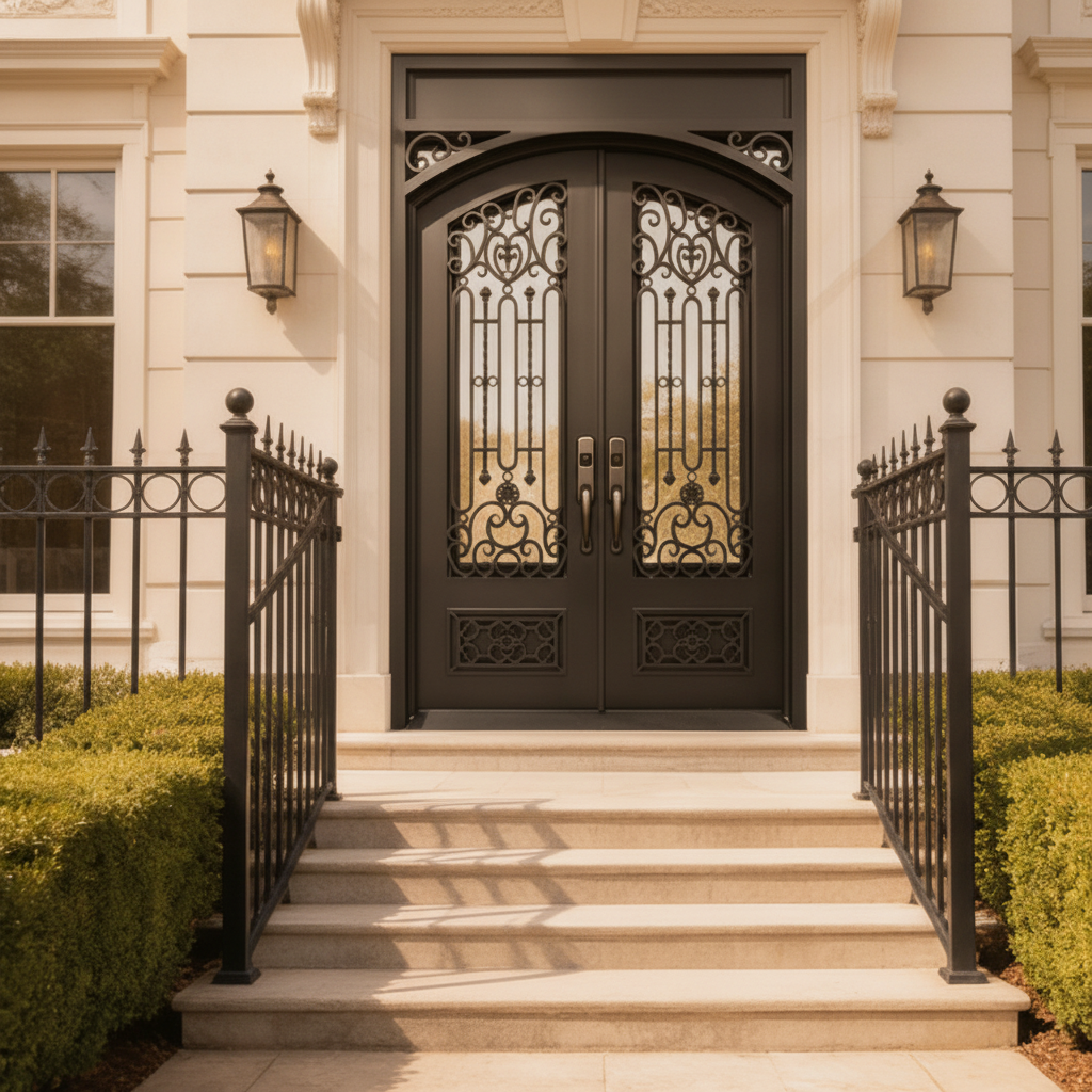 Hand-Forged Wrought Iron Double Door with Vertical Scroll Accent Square Top With kickplate Model # IWD1106