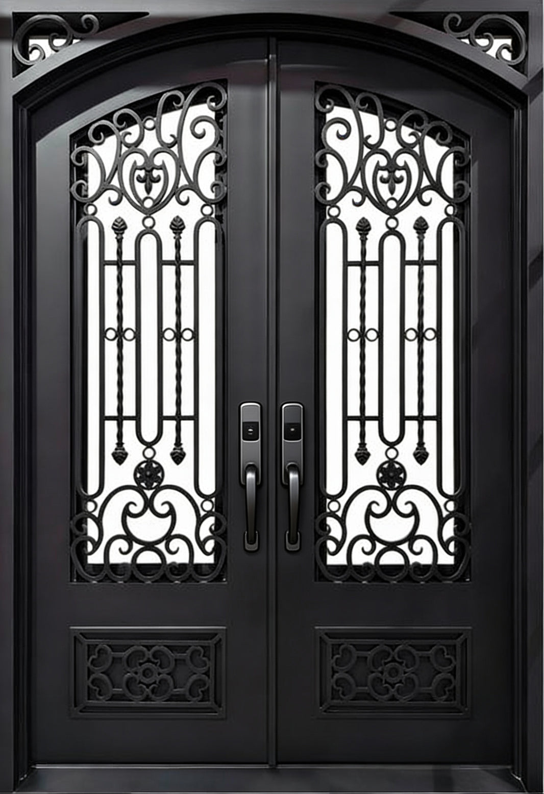 Hand-Forged Wrought Iron Double Door with Vertical Scroll Accent Square Top With kickplate Model # IWD1106