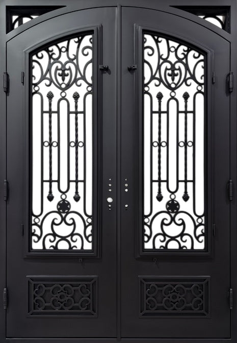 Hand-Forged Wrought Iron Double Door with Vertical Scroll Accent Square Top With kickplate Model # IWD 1106