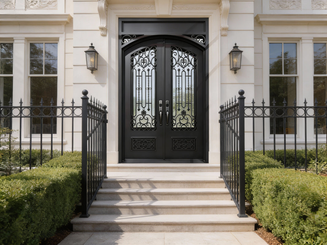 Hand-Forged Wrought Iron Double Door with Vertical Scroll Accent Square Top With kickplate Model # IWD1106