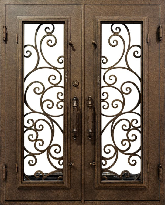 Forged Ornamental Wrought Iron Double Door with Scroll Motif Square Top With kickplate Model # IWD 1107