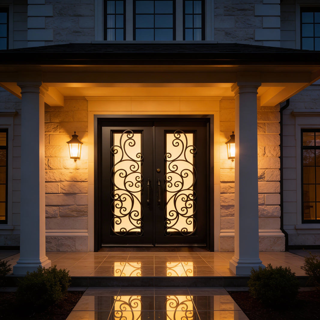 Forged Ornamental Wrought Iron Double Door with Scroll Motif Square Top With kickplate Model # IWD1107