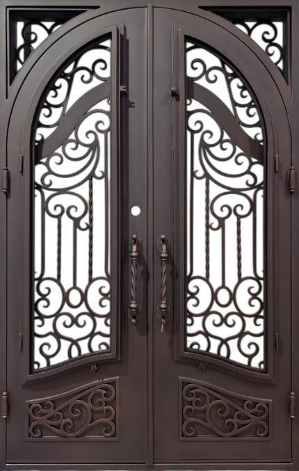 Hand-Forged Ornamental Iron Double Door with Arch and Square Top With kickplate Model # IWD 1108