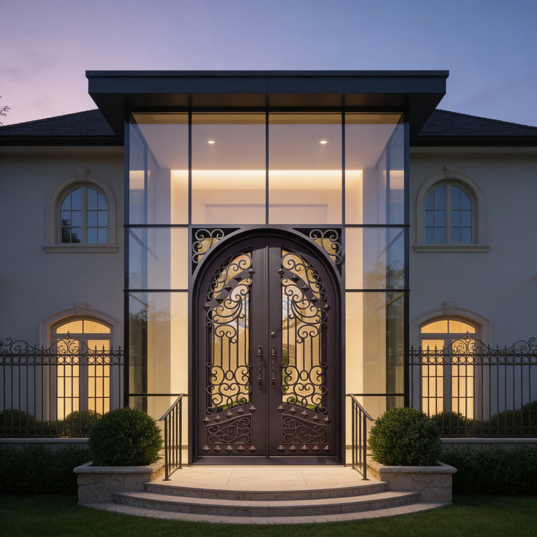 Hand-Forged Ornamental Iron Double Door with Arch and Square Top With kickplate Model # IWD1108