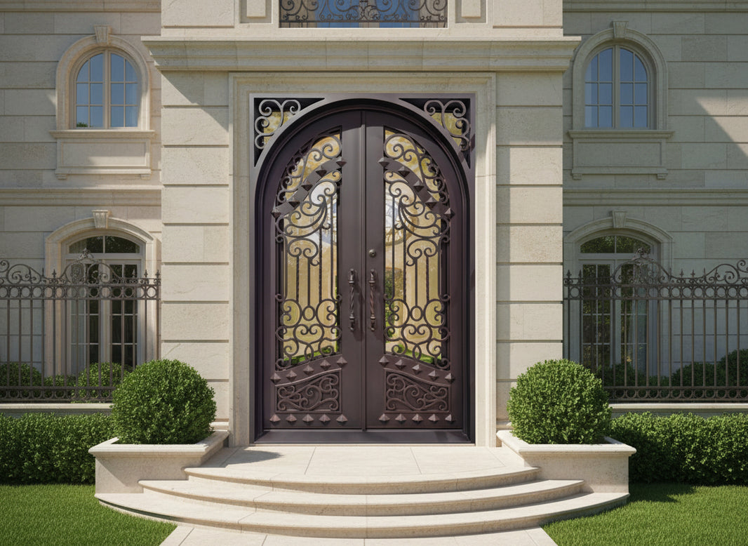 Hand-Forged Ornamental Iron Double Door with Arch and Square Top With kickplate Model # IWD1108