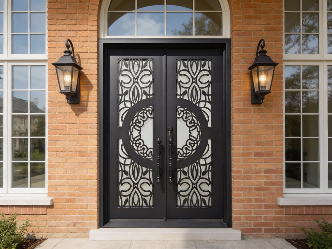 Laser-Cut Double Iron Door with Circular Emblem Design Square Top With kickplate Model # IWD1109