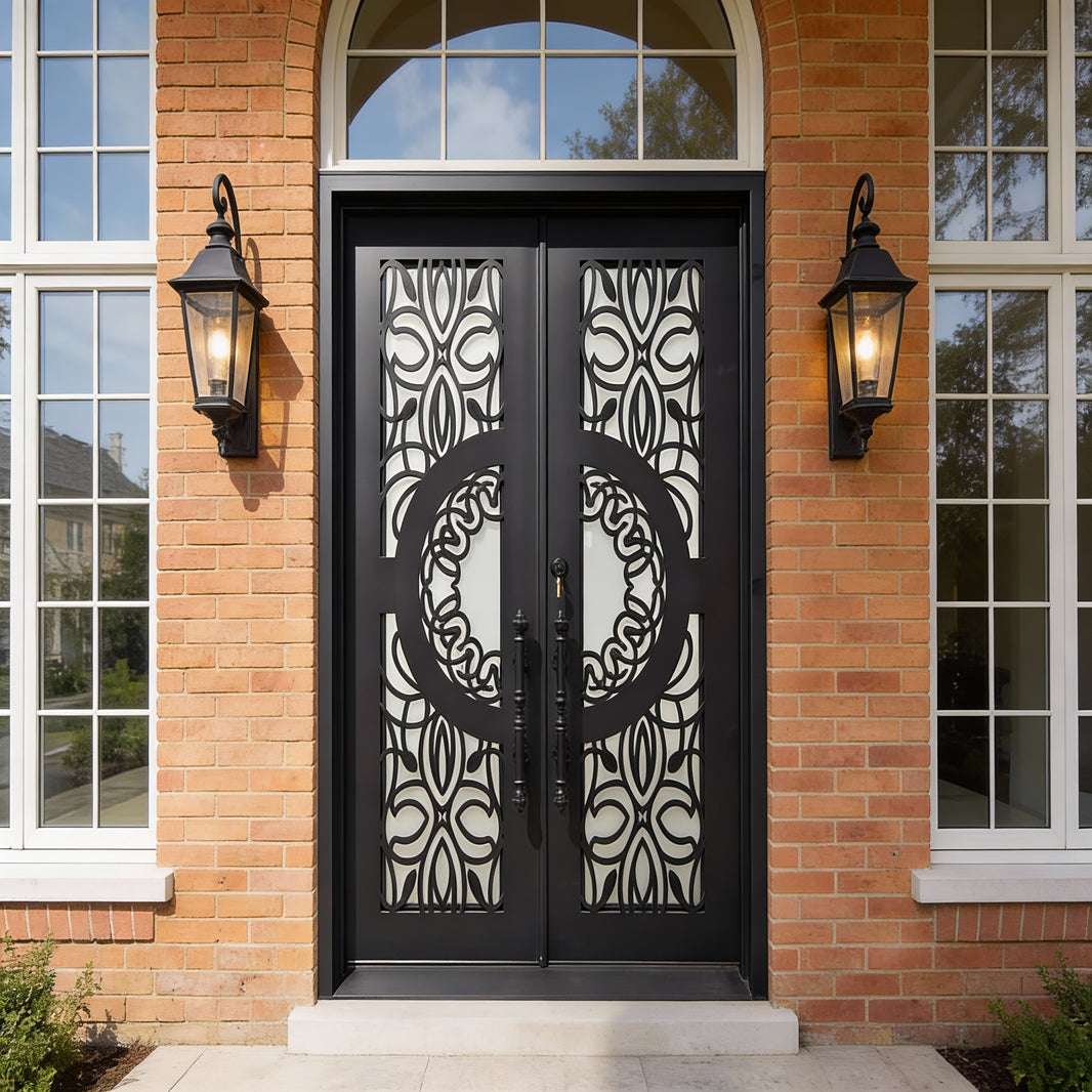 Laser-Cut Double Iron Door with Circular Emblem Design Square Top With kickplate Model # IWD1109
