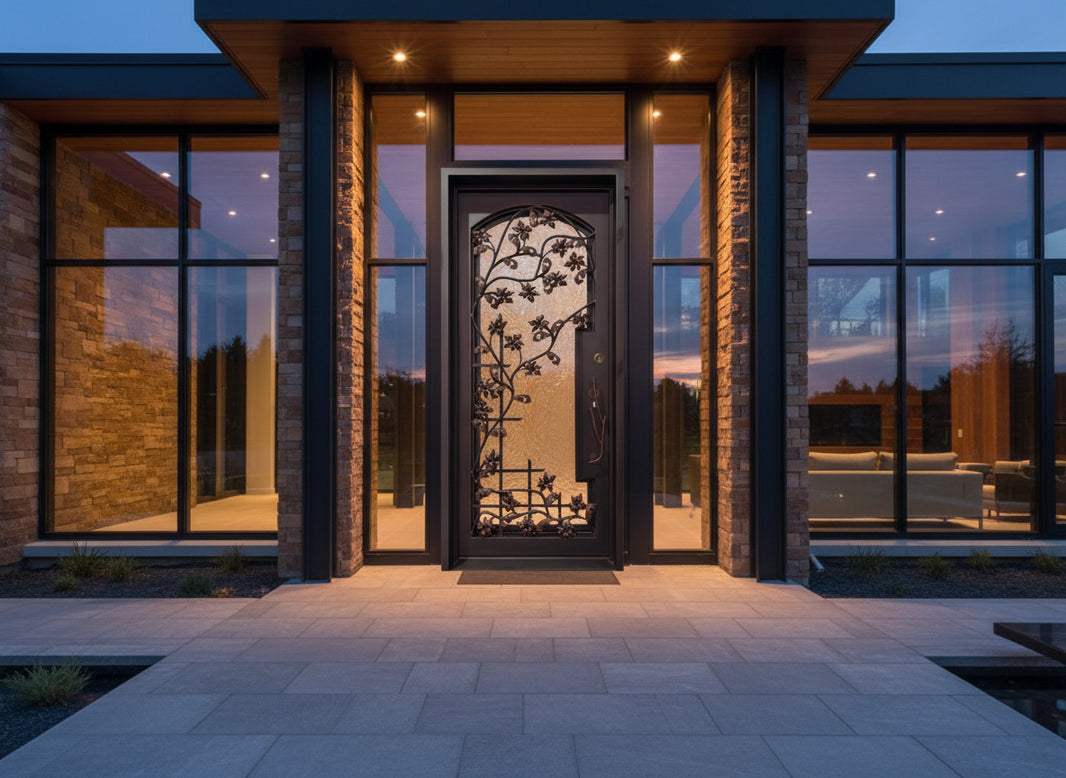 Floral Motif Laser-Cut Iron Door Square Top With kickplate Model # IWD1111