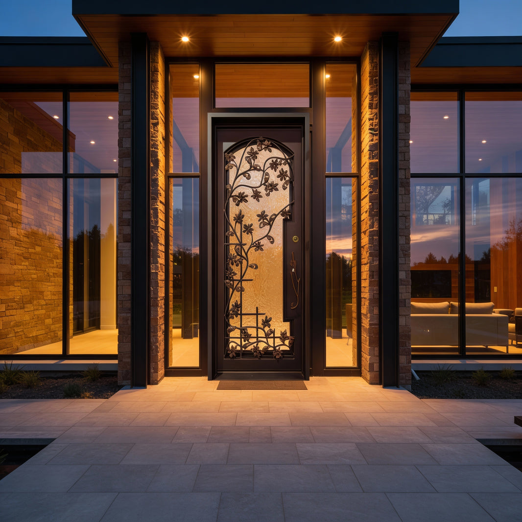 Floral Motif Laser-Cut Iron Door Square Top With kickplate Model # IWD1111