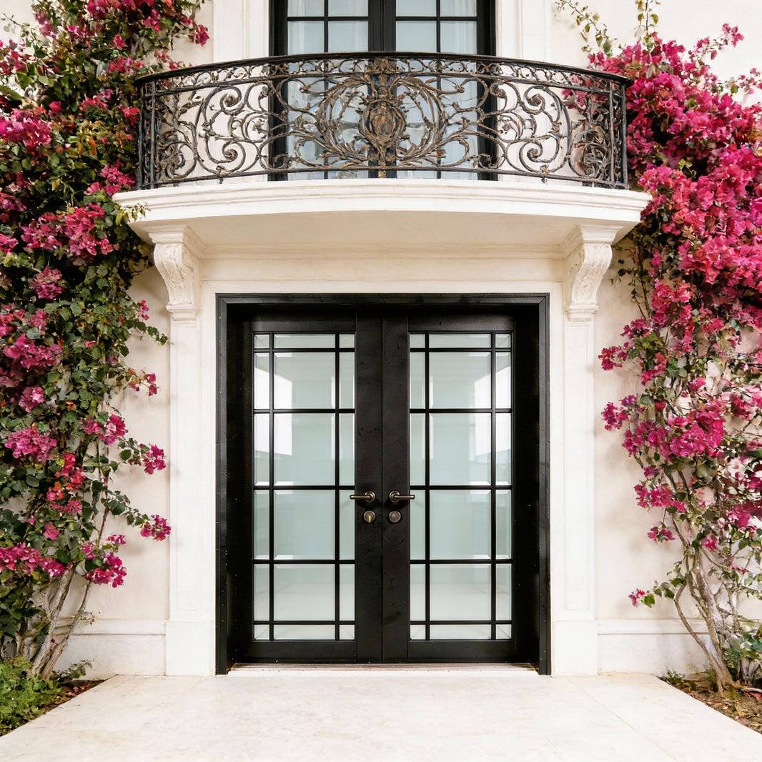 French Style Arched Wrought Iron Double Doors with Operable Clear Glass and Vertical Scrollwork Model # IWD895