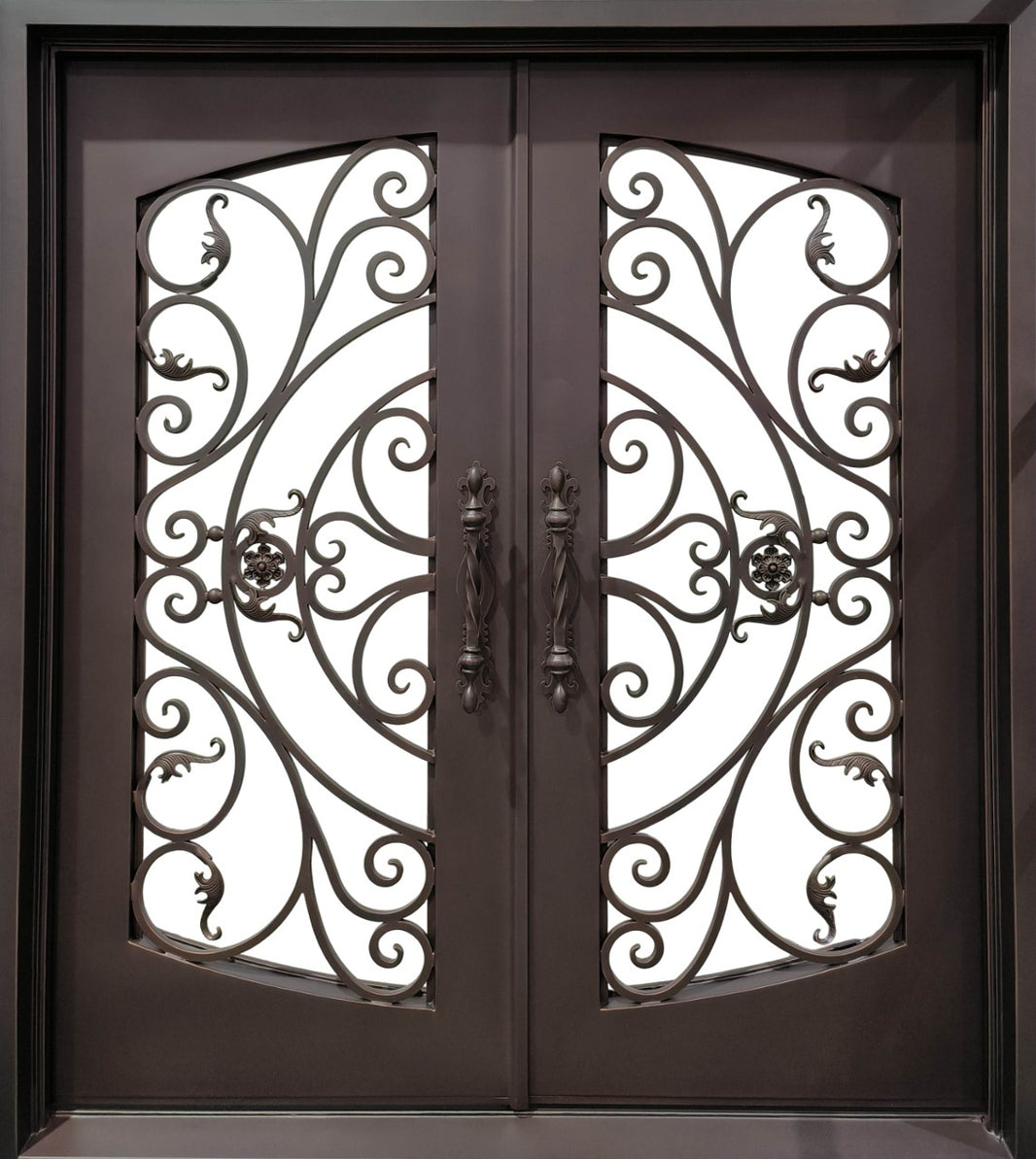 Arched Wrought Iron Double Entry Doors with Historical Grille Design and Clear Glass Panels Model IWD896