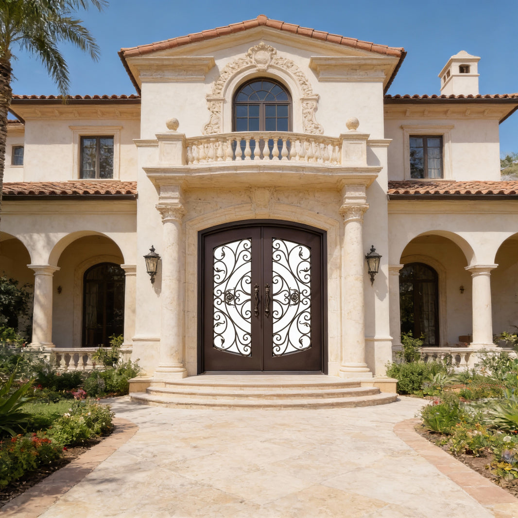 Arched Wrought Iron Double Entry Doors with Historical Grille Design and Clear Glass Panels Model IWD896