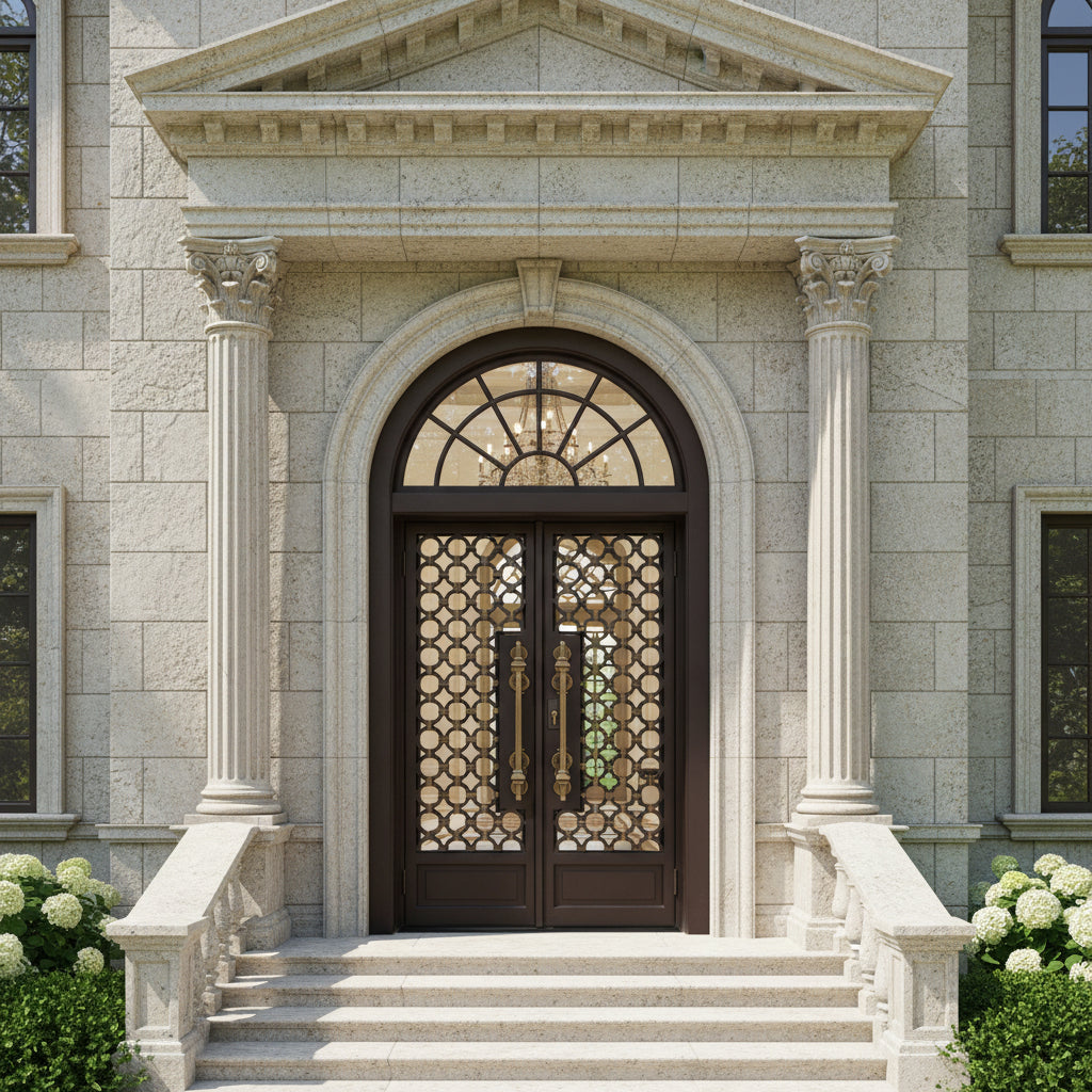 Arched Wrought Iron Double Entry Doors with Traditional Scrollwork and Clear Glass Panels Model # IWD897